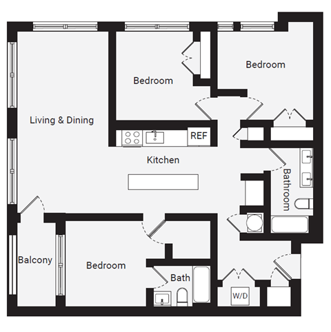 Floor plan for 3 beds, 2 baths, 1257 sqft